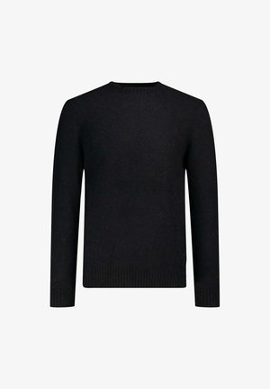 Pull noir à col rond en tissu tricoté. Il présente des manches longues ainsi que des poignets et un ourlet côtelés. Texture lisse sans motifs ni accents visibles.