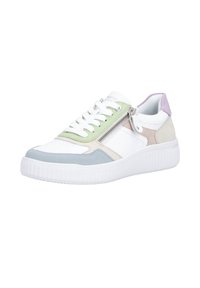 Baskets basses avec semelle blanche, panneaux blancs et pastel, lacets blancs, et détail de fermeture éclair latérale, présentées de profil pour montrer le côté extérieur.