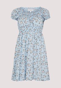 Helles blaues Kleid mit floralen Mustern, kurzen Puffärmeln, gerafftem Oberteil und fließendem Rock. Aus leichtem Stoff gefertigt.