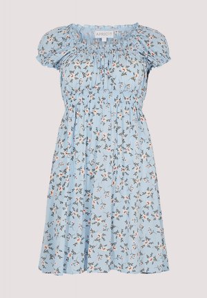 Svetle modré šaty s květinovým vzorem, krátkými nabíranými rukávy, smockovaným živůtkem a splývavou sukní. Vyrobeno z lehkého materiálu.