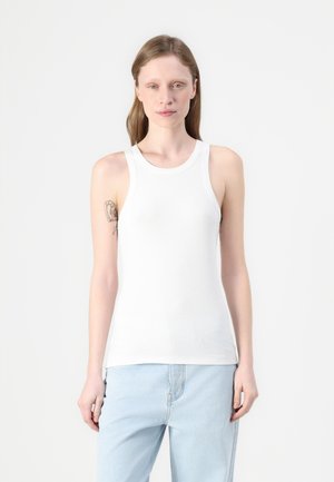 White ribbed tank top with a round neckline and wide shoulder straps, fitted shape, and soft cotton texture.
