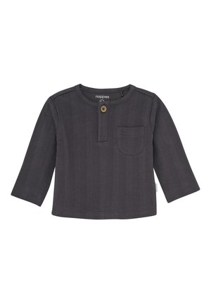 Dunkelgraues Langarmbabyshirt mit Rundhalsausschnitt, einer Knopfleiste und kleiner Brusttasche.