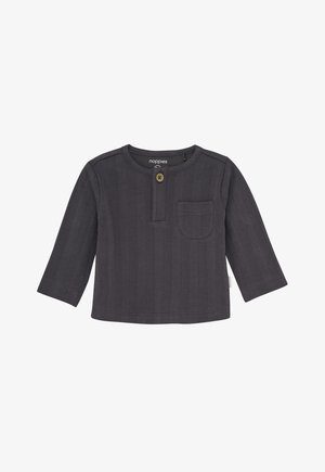 Dunkelgraues Langarmbabyshirt mit Rundhalsausschnitt, einer Knopfleiste und kleiner Brusttasche.
