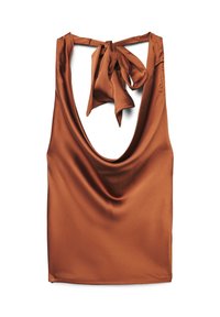 Braunes Satintop mit rundem Ausschnitt und Bindetail auf der Rückseite. Glatte Textur mit lockerem Sitz und ohne sichtbare Muster.
