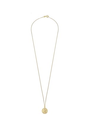 Goldkette mit einer dünnen Kette und einem runden Anhänger mit einem detaillierten, gravierten Design. Der Anhänger hängt zentral und zeigt eine interessante Textur.
