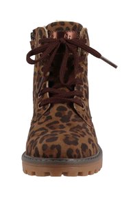 Brown leopard print ankle boot with a suede finish, round toe, brown laces, and a textured rubber sole. Copper hardware accents visible.