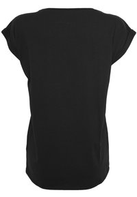 Schwarzes T-Shirt aus Baumwolle mit lockerer Passform, kurzen Ärmeln und rundem Ausschnitt. Glatte Textur ohne Muster oder Akzente.