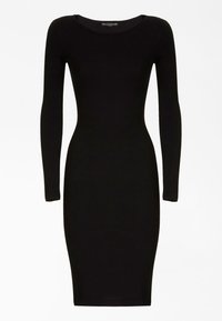 Abito bodycon nero a maniche lunghe realizzato in tessuto elasticizzato. Presenta un collo rotondo e una silhouette aderente, che arriva a metà polpaccio.