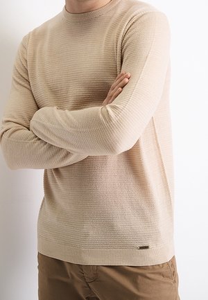 Mężczyzna ubrany w beżowy teksturowany sweter z długimi rękawami i brązowe spodnie, stoi z założonymi ramionami na białym tle.