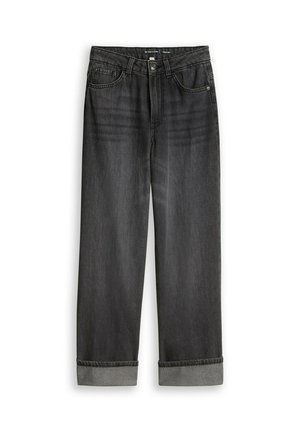 Schwarze Jeans mit weitem Bein, umgeschlagenen Säumen, vorderem Knopf- und Reißverschluss sowie Fünf-Taschen-Design.