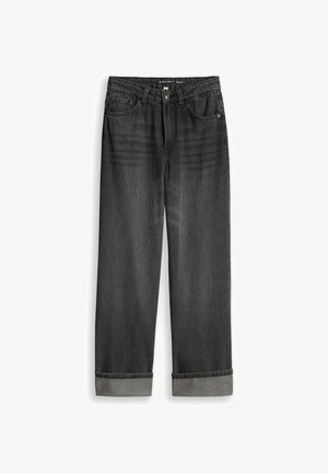Schwarze Jeans mit weitem Bein, umgeschlagenen Säumen, vorderem Knopf- und Reißverschluss sowie Fünf-Taschen-Design.