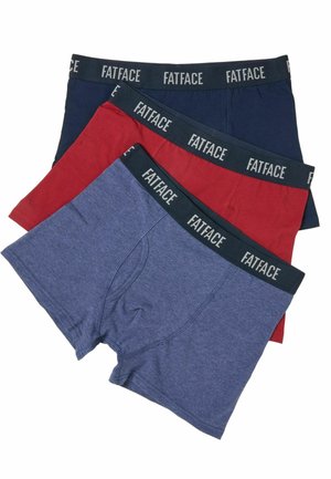 Drei Paare Herren-Boxershorts in Navy, Rot und Hellblau meliert, jeweils mit einem schwarzen Bund, auf dem „FATFACE“ in Weiß gedruckt ist.