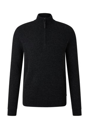 Czarny prążkowany sweter z długim rękawem i wysokim kołnierzem na ćwierć zamku.