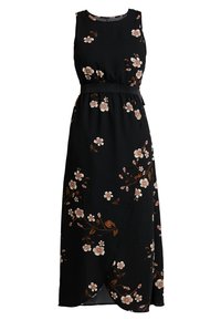 Musta hihaton midi-mekko, jossa on vaaleanpunaista ja ruskeaa kukkakuosia, tiukka vyötärö ja kietaisumallinen hame.