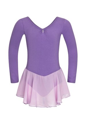 Lila Langarmanzug mit V-Ausschnitt, der mit einem Kristallakzent an der Brust und einem hellrosa, geschichteten Chiffonrock versehen ist.