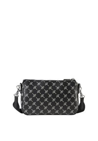 Borsa a tracolla nera in pelle con un design a motivo che presenta dettagli argentati. Chiusura con zip, tracolla regolabile e forma rettangolare.