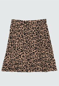 Luipaardprint rok in bruin en zwart, met een geplooide tailleband en een gerimpelde zoom. Gemaakt van lichtgewicht stof, geplooid ontwerp.