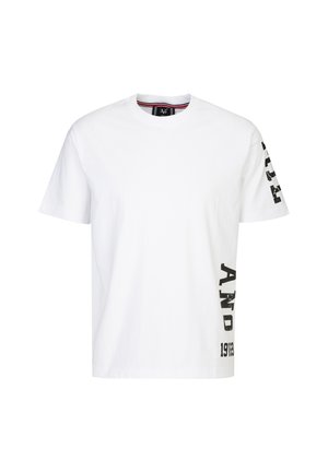 Weißes Baumwoll-T-Shirt mit kurzen Ärmeln, mit schwarzen Textgrafiken auf dem linken Ärmel und der unteren Vorderseite. Klassisches Rundhalsdesign.
