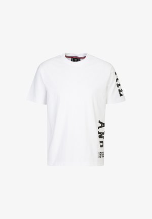 Witte katoenen t-shirt met korte mouwen, met zwarte tekstgraphics op de linker mouw en de onderkant van de voorkant. Klassiek ronde hals ontwerp.