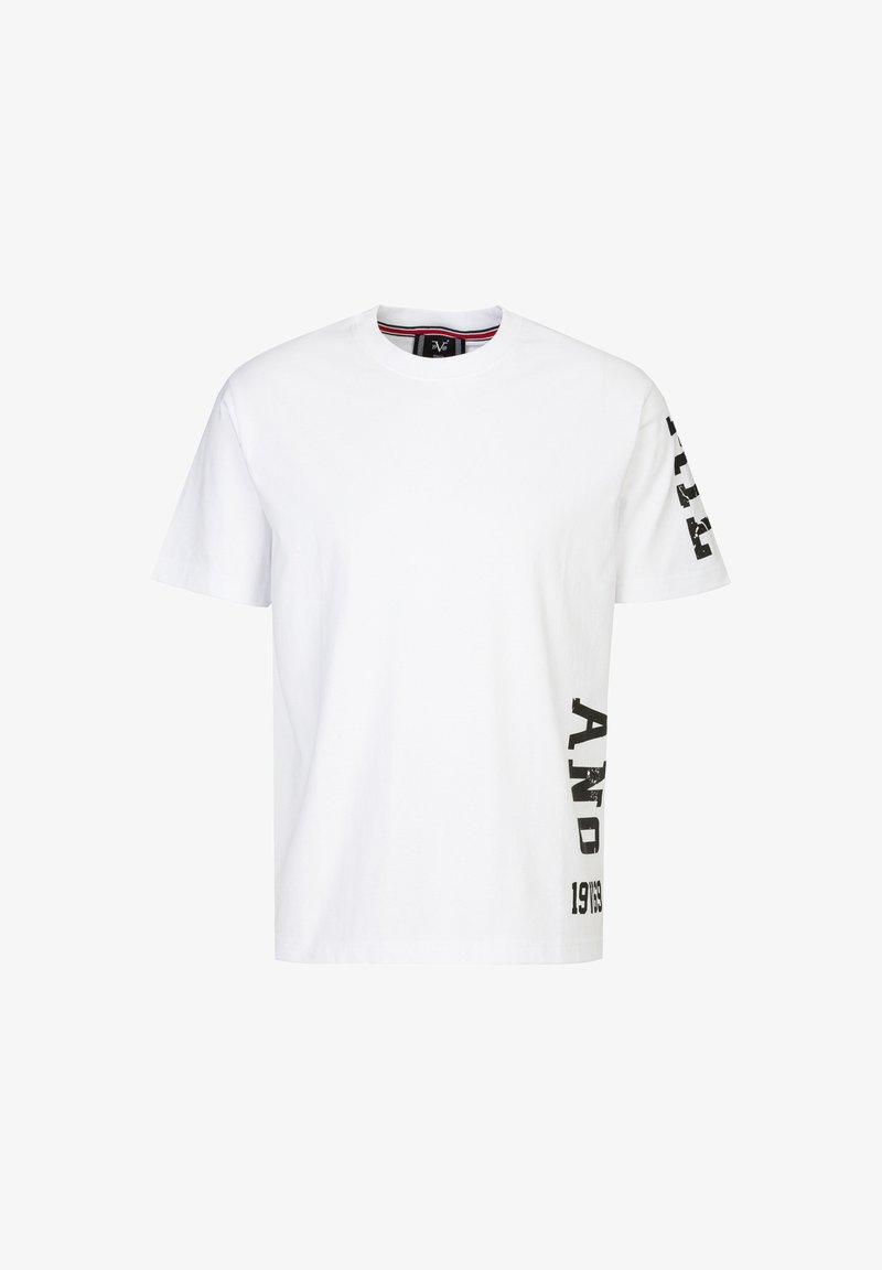 Witte katoenen t-shirt met korte mouwen, met zwarte tekstgraphics op de linker mouw en de onderkant van de voorkant. Klassiek ronde hals ontwerp.