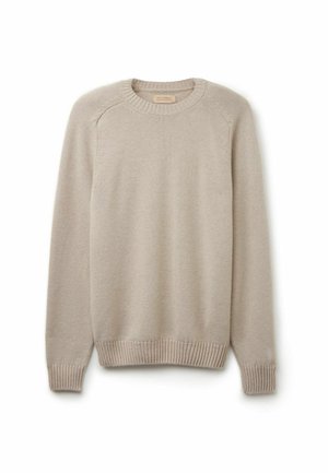 Beige tröja gjord av mjukt tyg, med en ribbad rund halslinning, ribbad nederkant och mudd, samt en enkel, rak skärning.