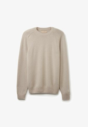 Beiger Pullover aus weichem Stoff, mit geripptem Rundhalsausschnitt, geripptem Saum und Bündchen sowie einem einfachen, geraden Schnitt.
