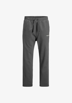 Pantaloni de trening gri din țesătură moale, cu talie elastică și șnur, buzunare laterale și un logo discret pe față.