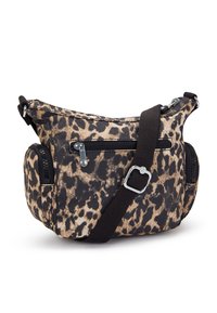 Leopard-print crossbody bag made of textured fabric with black accents, two zippered pockets, and an adjustable strap.