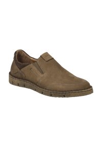 Braune Leder-Schlupfschuhe mit strukturiertem Obermaterial, elastischen Seitenpanelen, hellbraunen Akzenten und einer Gummisohle mit horizontalen Rillen.
