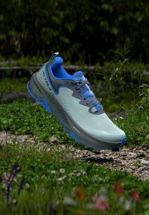 Scarpa da corsa azzurro chiaro e grigio con lacci e dettagli blu, sospesa sopra un sentiero roccioso in una foresta con fogliame verde e fiori selvatici.