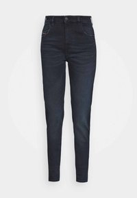 Mörkblå denim skinny jeans med hög midja, knappstängning, femficksdesign och subtila sömnadsdetaljer. Slät textur och åtsittande passform.