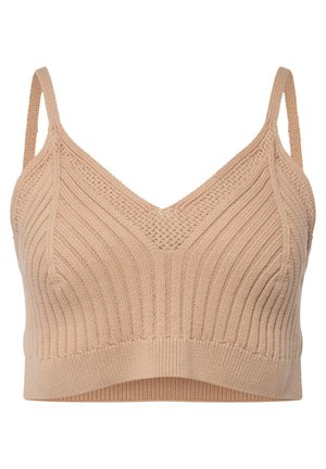 Bralette lavorato a maglia nudo con scollatura a V, texture a coste e spalline regolabili strette. Il tessuto appare morbido ed elastico.