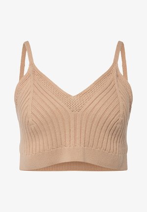 Bralette lavorato a maglia nudo con scollatura a V, texture a coste e spalline regolabili strette. Il tessuto appare morbido ed elastico.