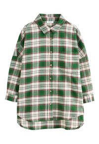 Grün-weiß kariertes Hemd aus weichem Stoff, mit Kragen, langen Ärmeln, Knopfleiste vorne und einer einzelnen Brusttasche.