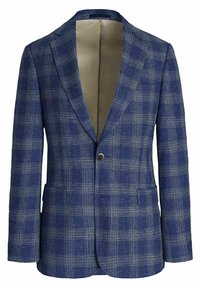 Mansblazer i mörkblått tyg med rutigt mönster. Har slagkrage, knappslutning med en knapp och två framfickor. Fodrad insida.