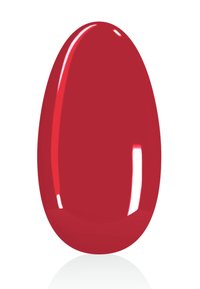 Glänzender roter Nagellack-Teststreifen in ovaler, verlängerter Form, der eine glatte, reflektierende Oberfläche und eine lebendige Farbe zeigt.