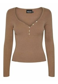 Brązowy prążkowany top z długim rękawem, z dekoltem w kształcie litery V oraz pięcioma ozdobnymi perłowymi guzikami na przodzie. Dopasowany krój i miękka faktura.