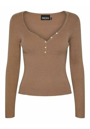 Brown ribbed long-sleeve top with a V-neckline and five decorative pearl buttons down the front. Fitted shape and soft texture.