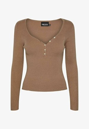 Haut à manches longues marron à côtes avec un décolleté en V et cinq boutons en perles décoratifs sur le devant. Coupe ajustée et texture douce.