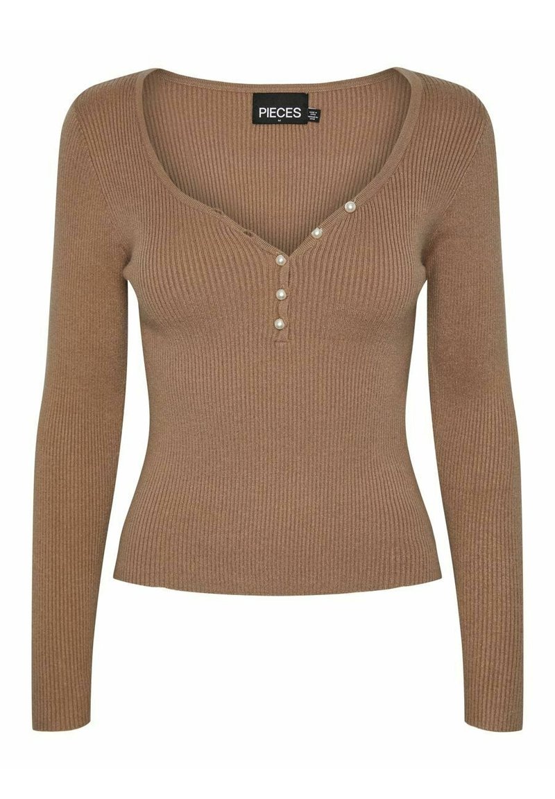 Brązowy prążkowany top z długim rękawem, z dekoltem w kształcie litery V oraz pięcioma ozdobnymi perłowymi guzikami na przodzie. Dopasowany krój i miękka faktura.