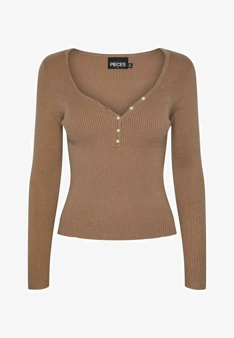 Brązowy prążkowany top z długim rękawem, z dekoltem w kształcie litery V oraz pięcioma ozdobnymi perłowymi guzikami na przodzie. Dopasowany krój i miękka faktura.