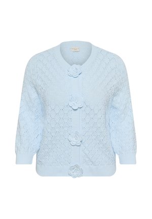 Cardigan bleu clair en tricot avec des boutons en forme de fleurs tridimensionnelles et un motif en losanges texturé sur les manches et le corps.