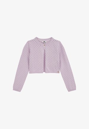 Cardigan tricotat liliac cu un model texturat, design scurt, guler rotund, mâneci lungi și închidere cu un singur nasture în față.