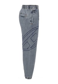 Joggers in denim azzurro chiaro con vita elastica, tasca laterale e un grande design ricamato sulla gamba sinistra. Polsini alle caviglie.