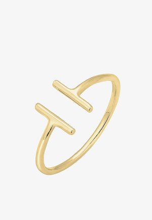 Offener Ring aus Gold mit zwei parallelen horizontalen Stab-Akzenten an den offenen Enden, glatte und polierte Oberfläche.