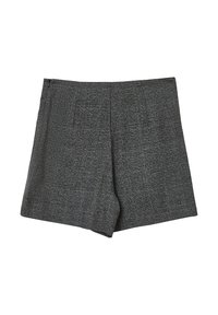 Shorts à carreaux gris en tissu tissé. Présente une coupe ajustée, une taille mi-haute et des plis marqués. Pas de poches visibles.