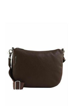 Sac bandoulière en cuir marron foncé avec sangle en tissu marron réglable et fermetures éclair et boucles en métal argenté.