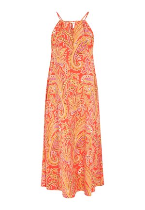 Garšs bez piedurknēm tērps ar apelsīnu krāsu fonā un dzelteniem un rozā paisley rakstiem. Izgatavots no viegla auduma ar regulējamām siksnām.