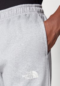 Lys grå sweatpants lavet af blød stof, med elastisk talje og sidelommer. "THE NORTH FACE" logoet trykt i hvidt.