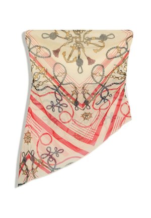 Firkantet tørklæde med nautisk design med ankre, reb, skibshjul og røde diagonale striber på beige baggrund.